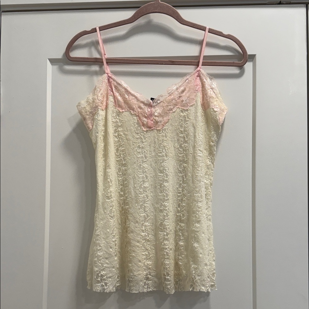 Teenie Weenie y2k Cream Lace tank top Camisole with Pink Straps large